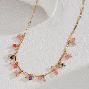 Bohemian stainless steel gold chain necklace with colorful round mineral beads