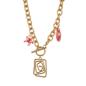 Collier chaîne dorée avec pendentifs étoile de mer hibou et géométriques avec fermoir en T