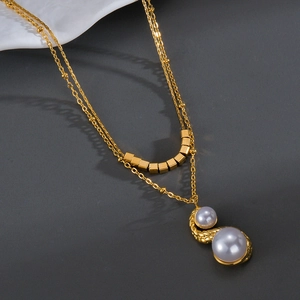 Double-layered French vintage gold chain necklace with square beads and purple pearls