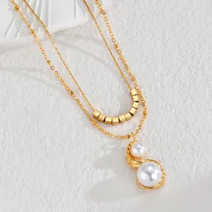 French vintage double layer gold necklace with square beads and white pearl pendants