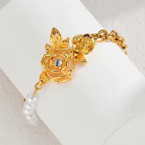 Bracciale vintage in acciaio inossidabile con rose, perle bianche e cristallo lucente