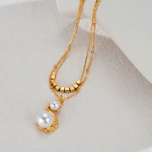 French vintage double-layered gold necklace with square beads and elegant pearls