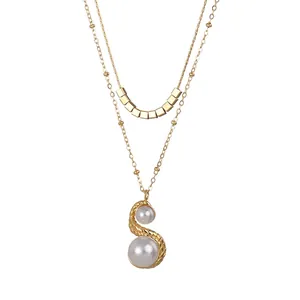 French Vintage Double Layer Necklace Stainless Steel Gold Plated Minimalist Square Block Artificial Pearl Pendant Chain Women Jewelry