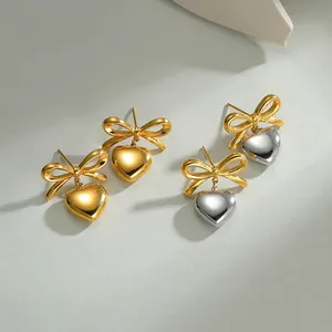 Boucles d'oreilles vintage style français avec nœuds et cœurs en acier inoxydable
