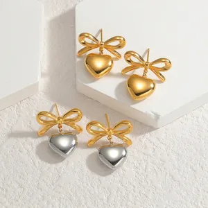 Boucles d'oreilles nœud et cœur de style vintage français en acier inoxydable