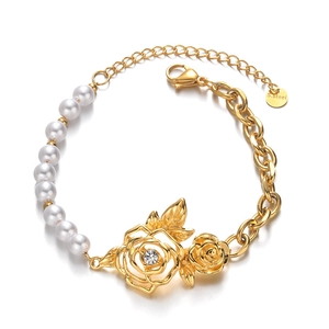 Bracciale vintage in acciaio inossidabile con perle, rose d'oro e zircone
