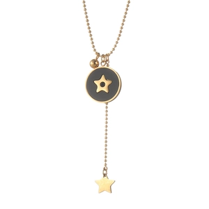 Collier en Y minimaliste en acier doré avec pendentif disque étoile noire et glands