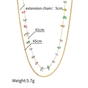 Detailed view of double-layer necklace with colorful crushed stones and 5cm extension chain