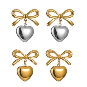 Boucles d'Oreilles Pendantes Rétro Français Nœud Cœur en Acier Inoxydable Élégantes Or Argent Polies pour Femme Bijoux de Fête