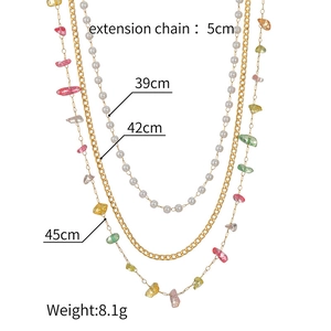Detailed view of layered necklace set featuring faux pearls, gold chains and colored stones