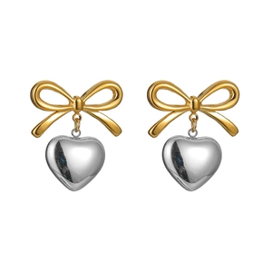 Boucles d'oreilles nœud et cœur style vintage français en acier inoxydable bicolore or