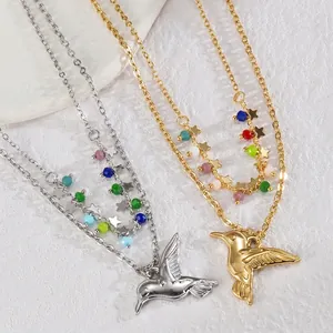 Double-layered hummingbird necklace with colorful beads and star charms in gold finish