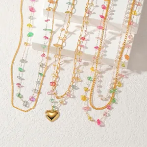 Bohemian double layer stainless steel necklace with colorful gravel and heart pendant