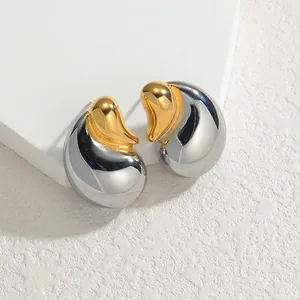 Elegant two-tone gold and silver water drop earrings in polished stainless steel