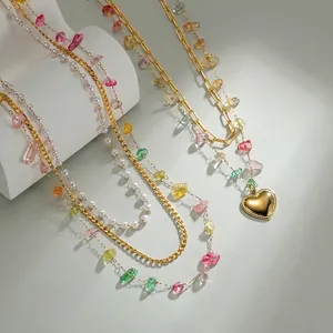 Double-layered stainless steel necklace with heart pendant, colorful gravel and pearls