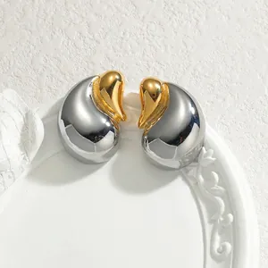 Elegant two-tone stainless steel teardrop earrings in a gold and silver polished finish