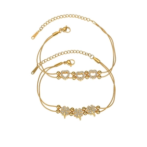 Vintage stainless steel gold bracelets with diamond clover and heart charms set