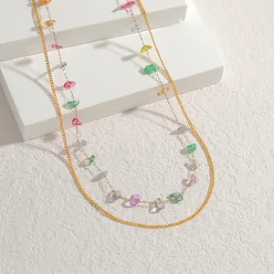 Double-layered golden stainless steel necklace with irregular colorful natural stone beads