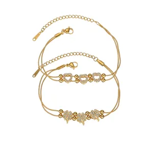 Vintage Stainless Steel Double Layer Rhinestone Clover Heart Bracelet For Women Adjustable Fashion Jewelry Hand Ornament