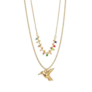 Double Layer Stainless Steel Hummingbird Necklace Colorful Beads Star Charms Minimalist Layered Chain Jewelry For Women