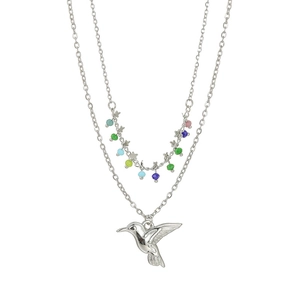Double-layered silver bird necklace with colorful beads and star charms for women