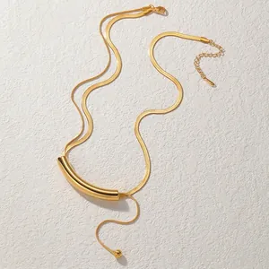 Minimalist gold-plated stainless steel snake chain necklace with curved tube pendant