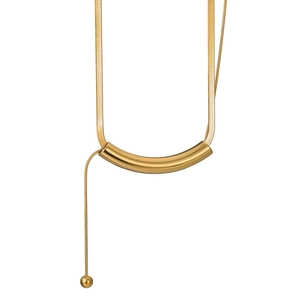 Minimalist gold stainless steel snake chain necklace with a curved tube tassel pendant