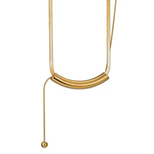 Minimalist Stainless Steel Round Tube Tassel Necklace For Women Fashion Geometric Gold Plated Clavicle Chain Jewelry Gift