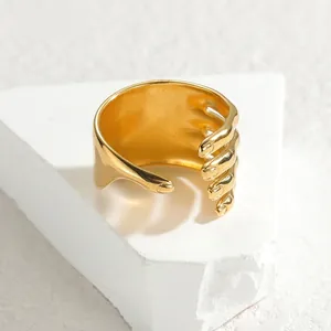 Unique 18k gold plated stainless steel open ring featuring a creative hand palm design