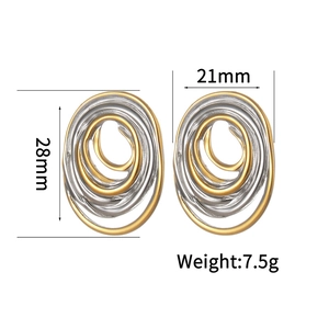 Detailed view of geometric oval earrings showing dimensions of 28mm by 21mm