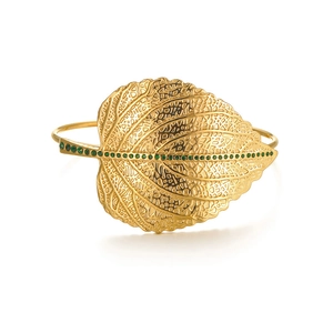French vintage style gold leaf open cuff bracelet with green zircon stone accents