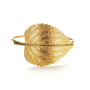 French Retro Exaggerated Leaf Stainless Steel Open Bangle For Women Fashion Inlaid Green Rhinestone Jewelry Gift