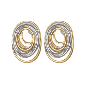 Minimalist irregular geometric oval earrings with gold and silver interlaced spiral lines