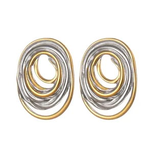 Irregular Oval Spiral Stainless Steel Earrings For Women Gold Silver Bi-color Geometric Minimalist Stud Earring Jewelry