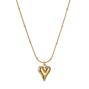 Minimalist gold heart pendant necklace with delicate beaded chain for women on white background