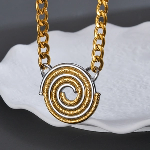 Luxury two-tone spiral disc pendant necklace with gold cuban chain in stainless steel