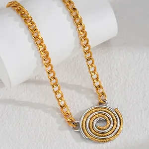 Two-tone textured disc pendant necklace with chunky golden stainless steel chain for women