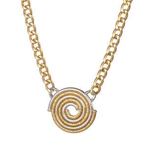 Two-tone spiral disc necklace with hammer-textured finish and bold cuban chain link