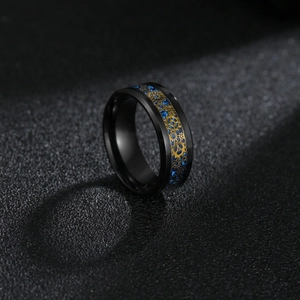 Steampunk black titanium ring for men with blue carbon fiber and gold mechanical gears