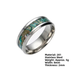 Polished stainless steel ring with blue-green abalone shell inlay 8mm width main view