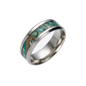 Polished stainless steel ring with colorful abalone shell inlay shown at a 45-degree angle