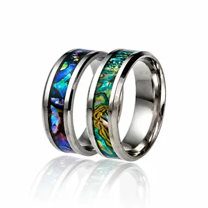 Fashion Stainless Steel Abalone Shell Inlay Ring For Men Women Polished Geometric Band Ring Personality Jewelry Gift