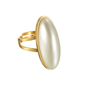 Elegant gold stainless steel open ring with a large oval cream pearl for women
