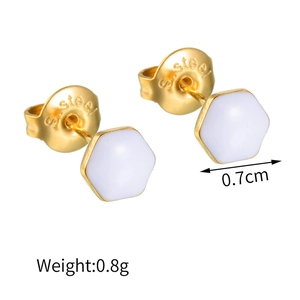 Macro detail of geometric hexagonal stud earrings with S.Steel hallmark and dimensions