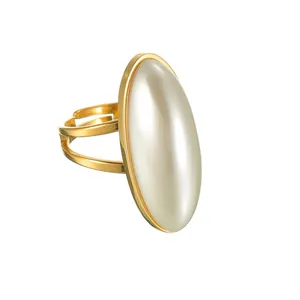 Fashion Stainless Steel Oval Imitation Artificial Pearl Open Ring Earrings Necklace For Women Vintage Golden Commuter Jewelry Accessory