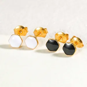 Minimalist hexagonal stainless steel stud earrings set in black and white enamel finishes