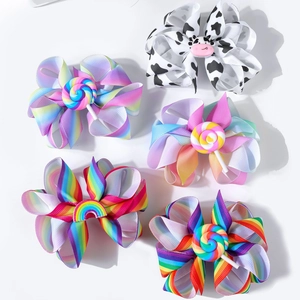 Mädchen Regenbogen Schleife Haarspangen Handgemachte Ripsband Farbverlauf Lutscher Kuh Cartoon Haarnadeln Kinder Bunter Kopfschmuck Schmuck