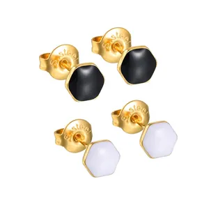 Minimalist Stainless Steel Geometric Stud Earrings Gold Plated Enamel Hexagon Round Square Heart Shaped Jewelry For Women