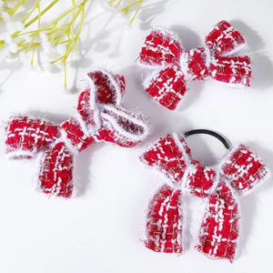 Ensemble de barrettes et chouchou en tweed rouge avec bords blancs duveteux pour filles