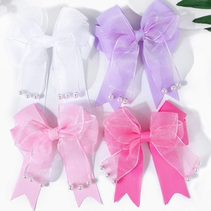 Set de pinzas para el cabello con lazos dobles de encaje organza y perlas para niñas